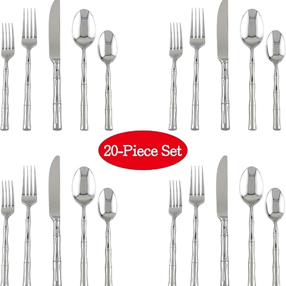 20-Piece Bamboo Shaped Flatware Set, 18/8 Stainless Steel Silverware Cutlery Set - Picture 2 of 5